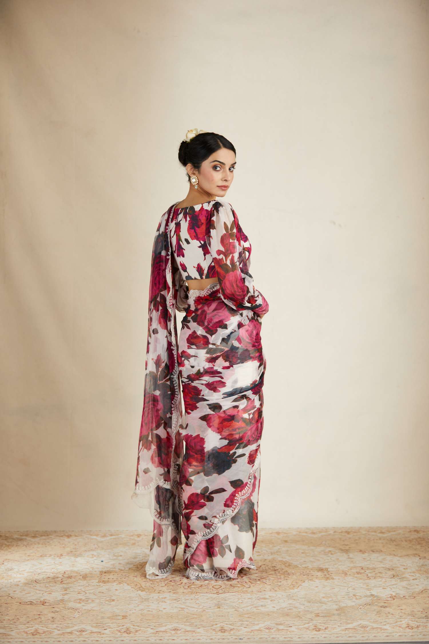 White Red Floral Saree
