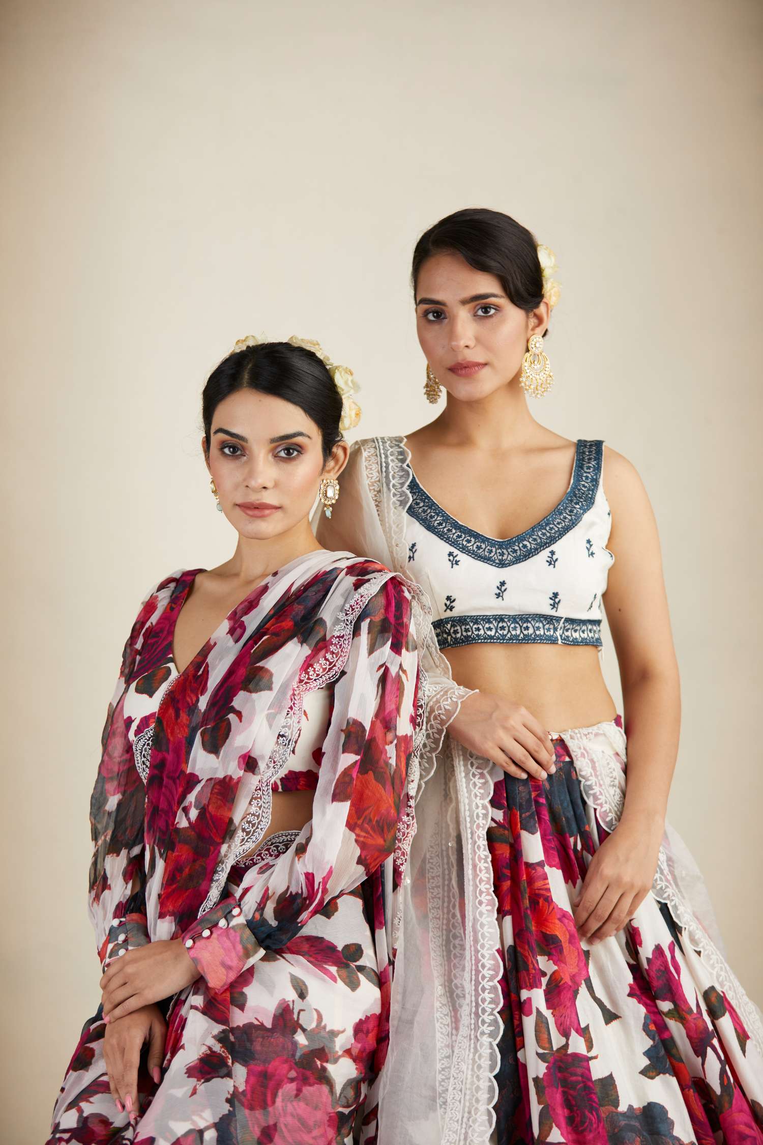 White Red Floral Lehenga With White Blouse Set