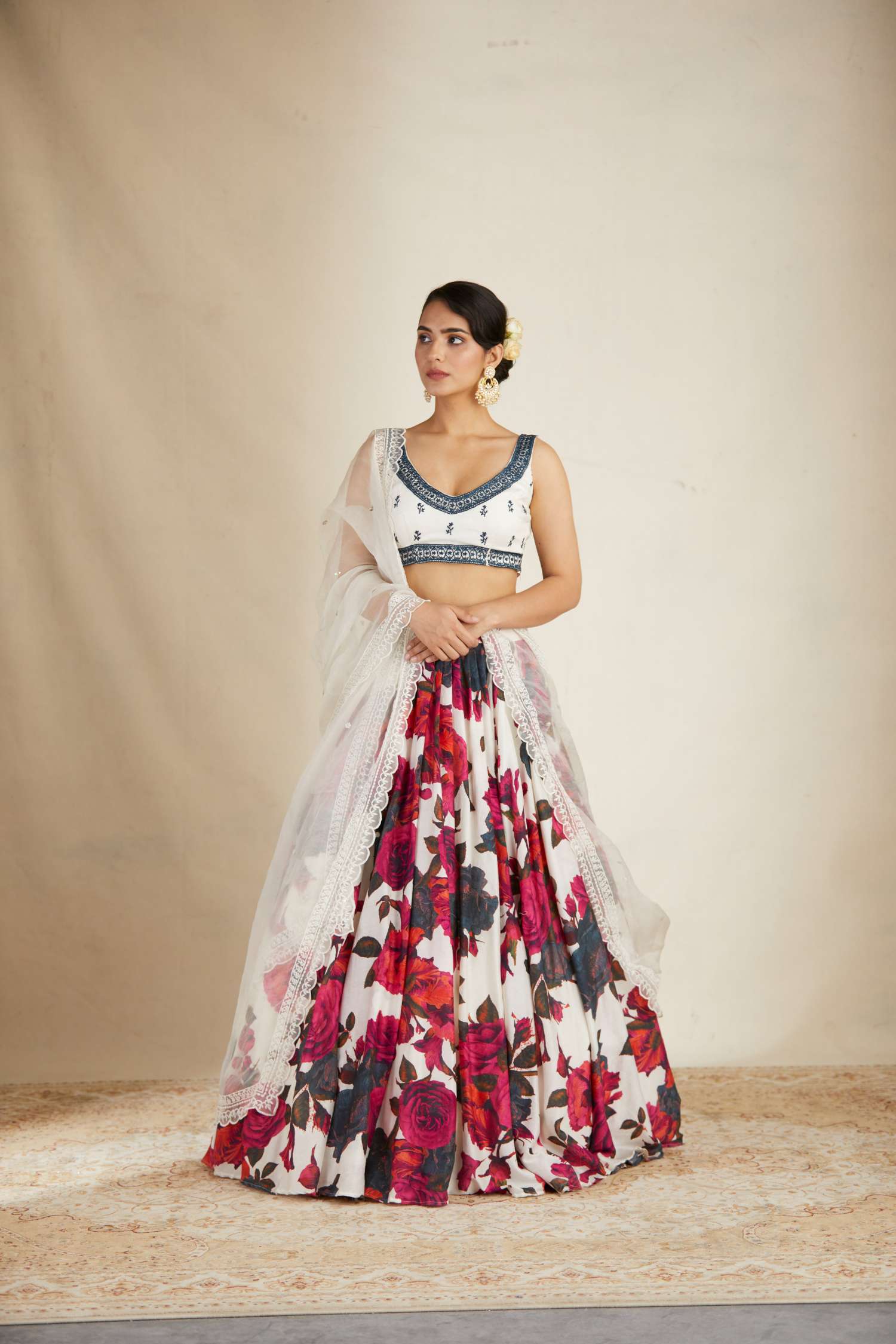White Red Floral Lehenga With White Blouse Set