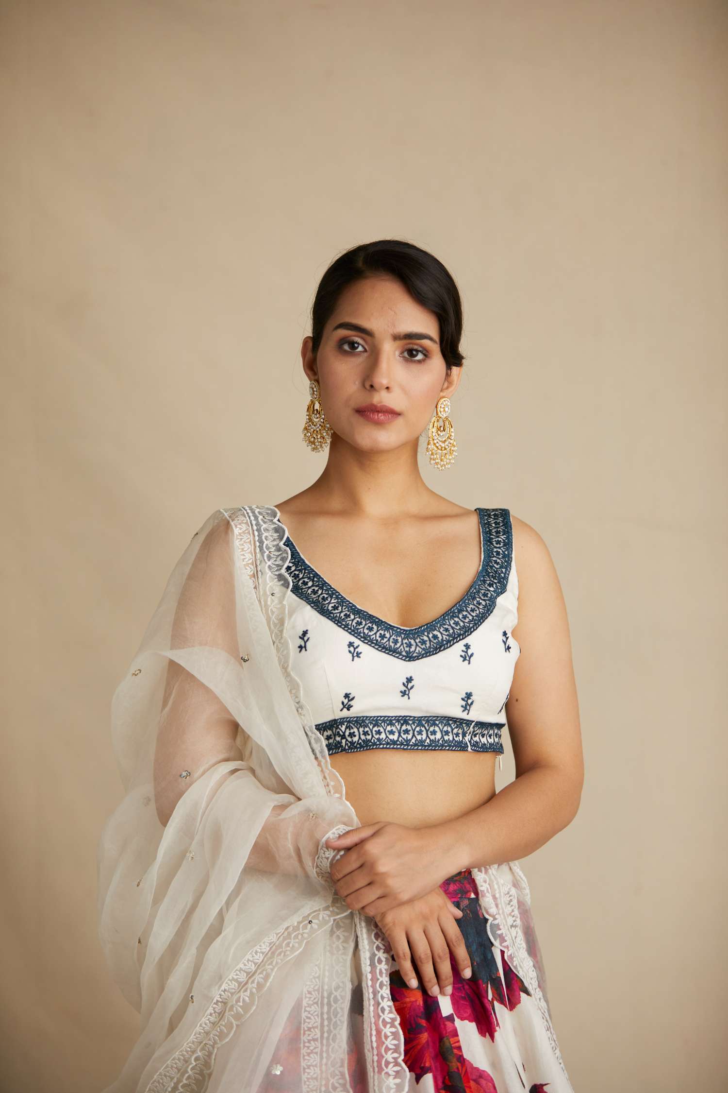 White Red Floral Lehenga With White Blouse Set