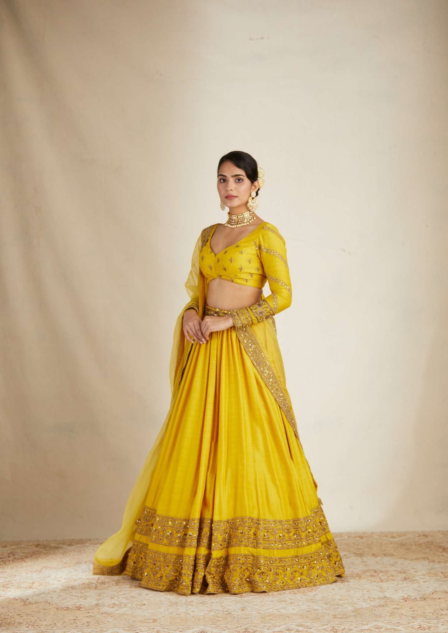 Mustard Chanderi Silk Crepe Bead Embroidered Lehenga Set