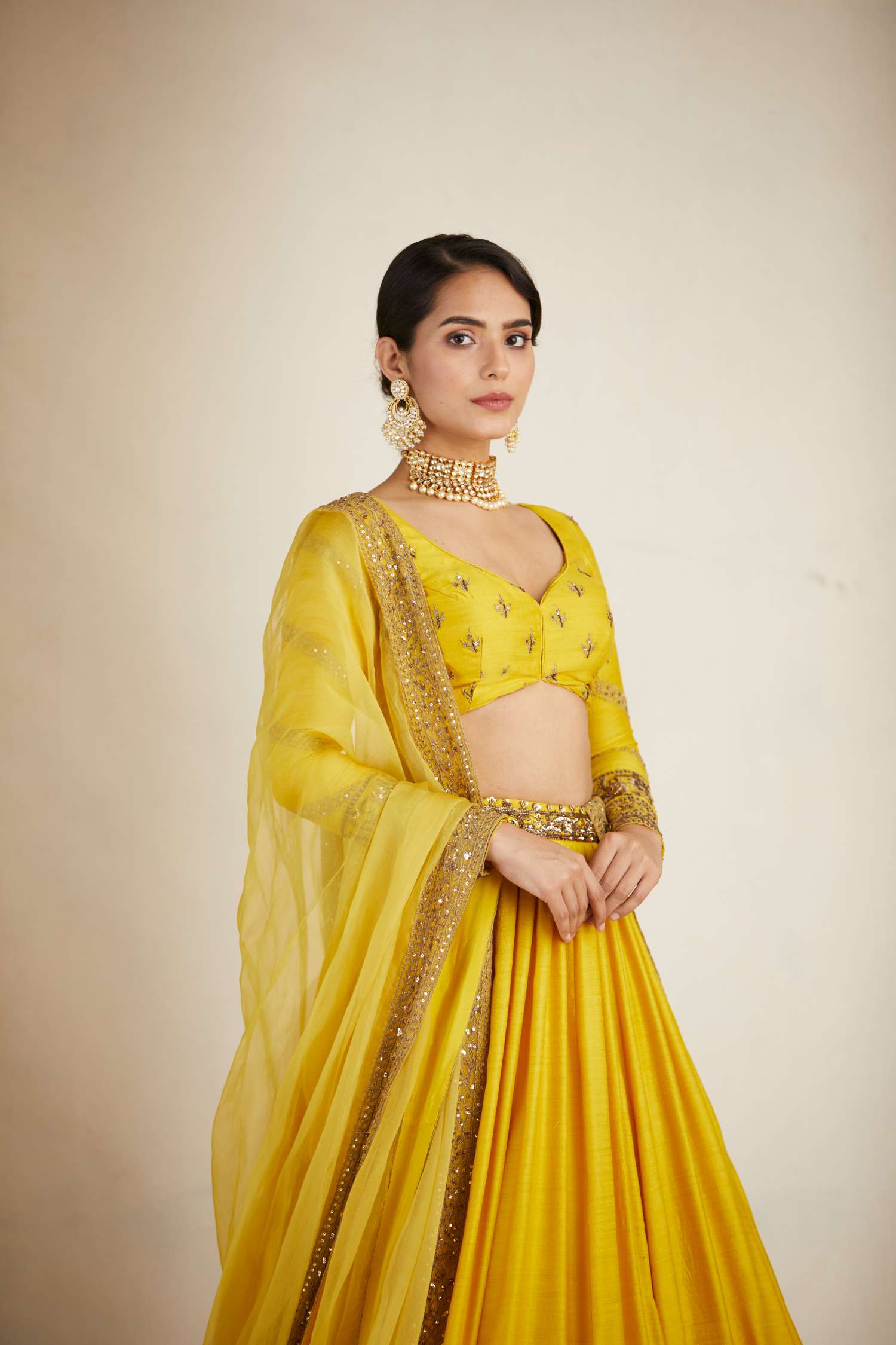 Mustard Chanderi Silk Crepe Bead Embroidered Lehenga Set