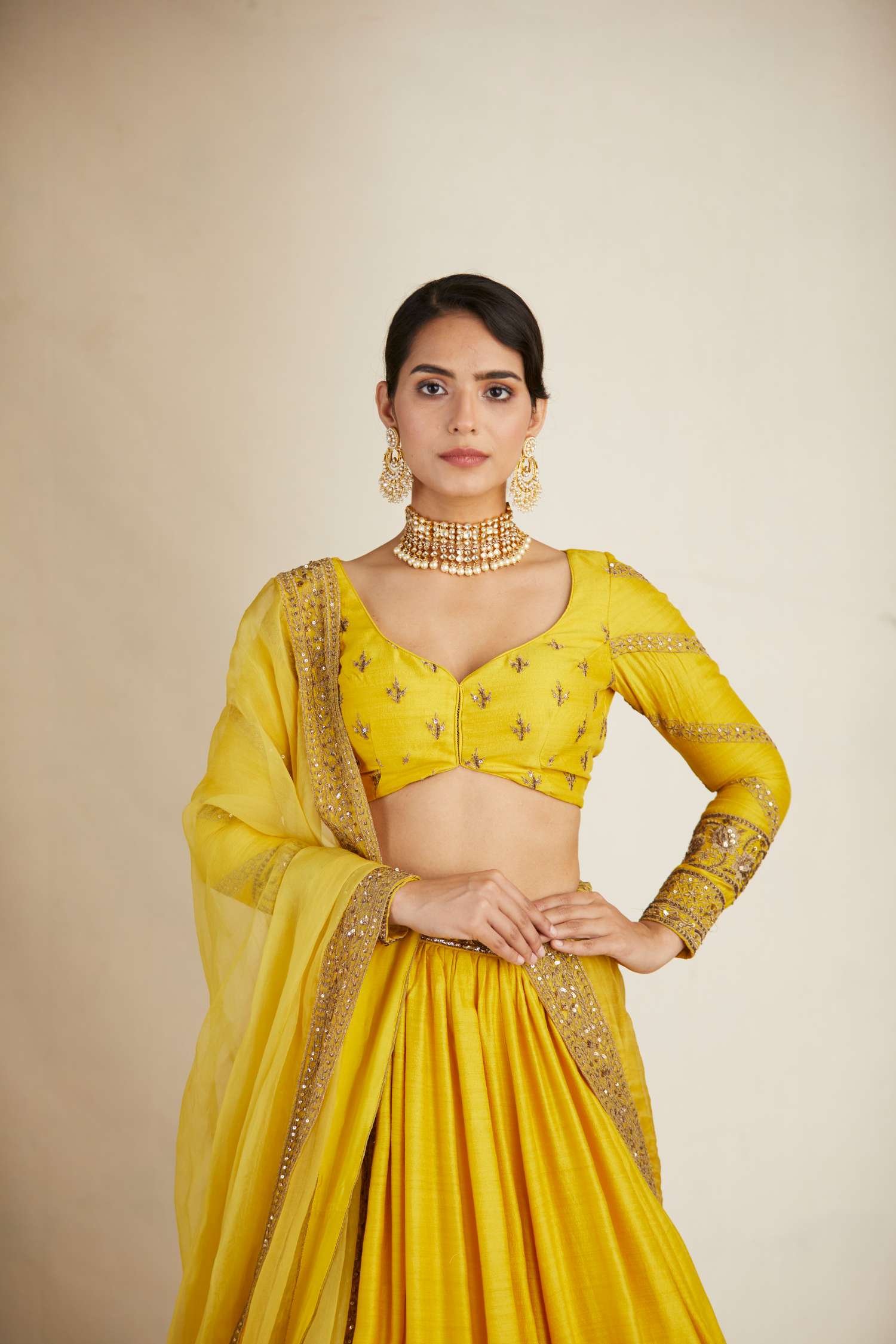 Mustard Chanderi Silk Crepe Bead Embroidered Lehenga Set