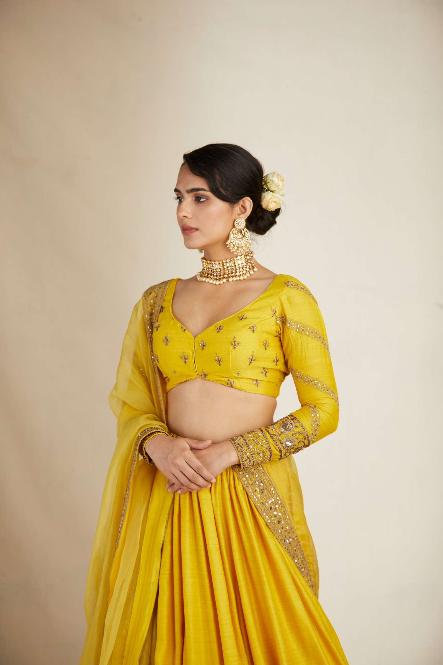 Mustard Chanderi Silk Crepe Bead Embroidered Lehenga Set