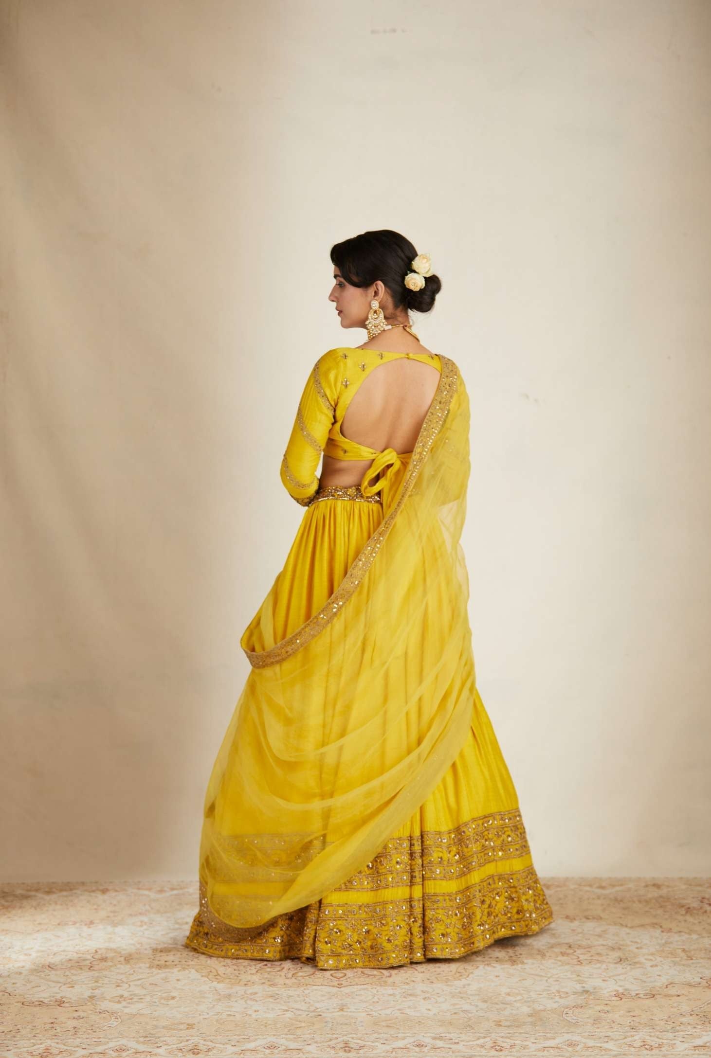 Mustard Chanderi Silk Crepe Bead Embroidered Lehenga Set