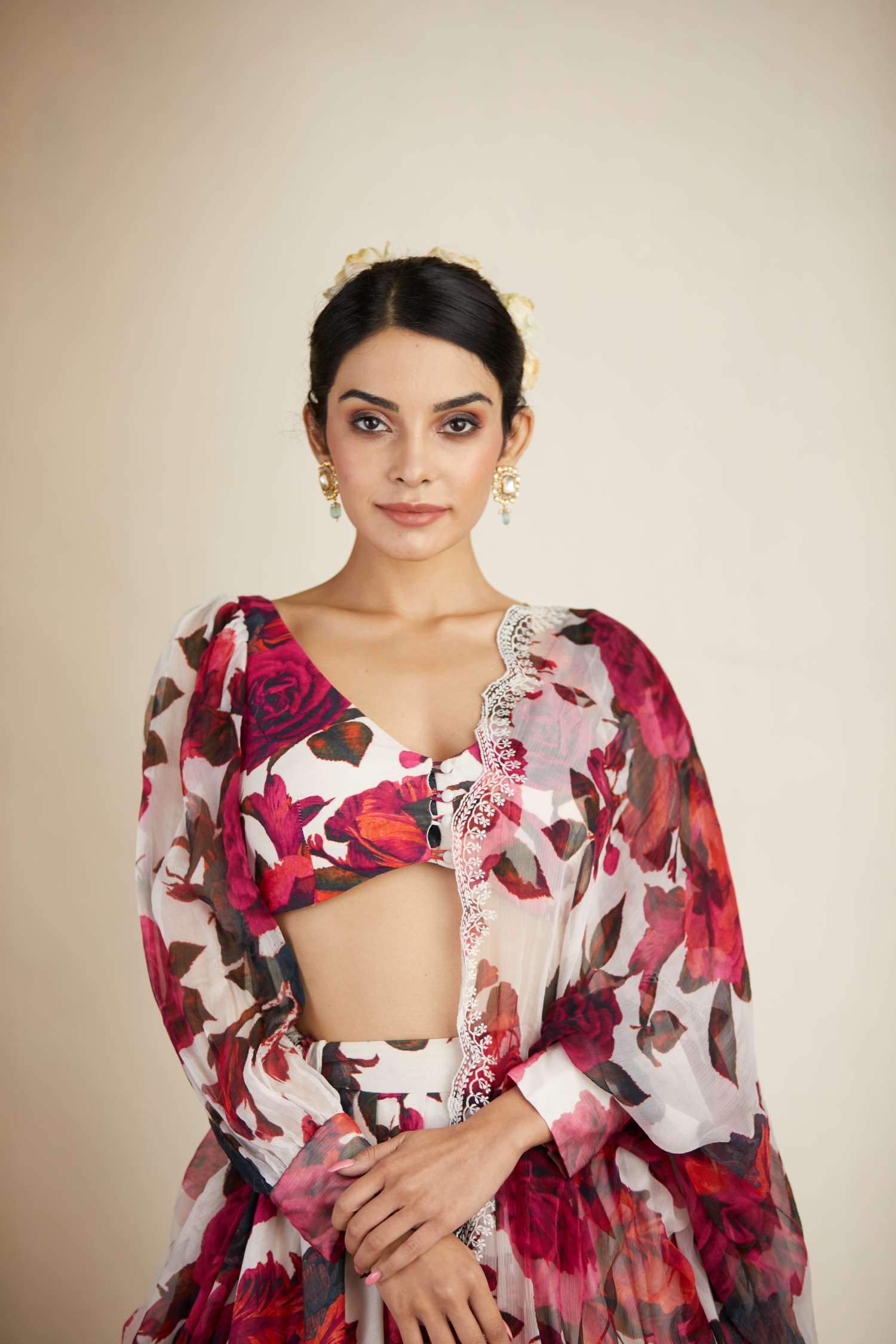 White Red Floral Lehenga Set