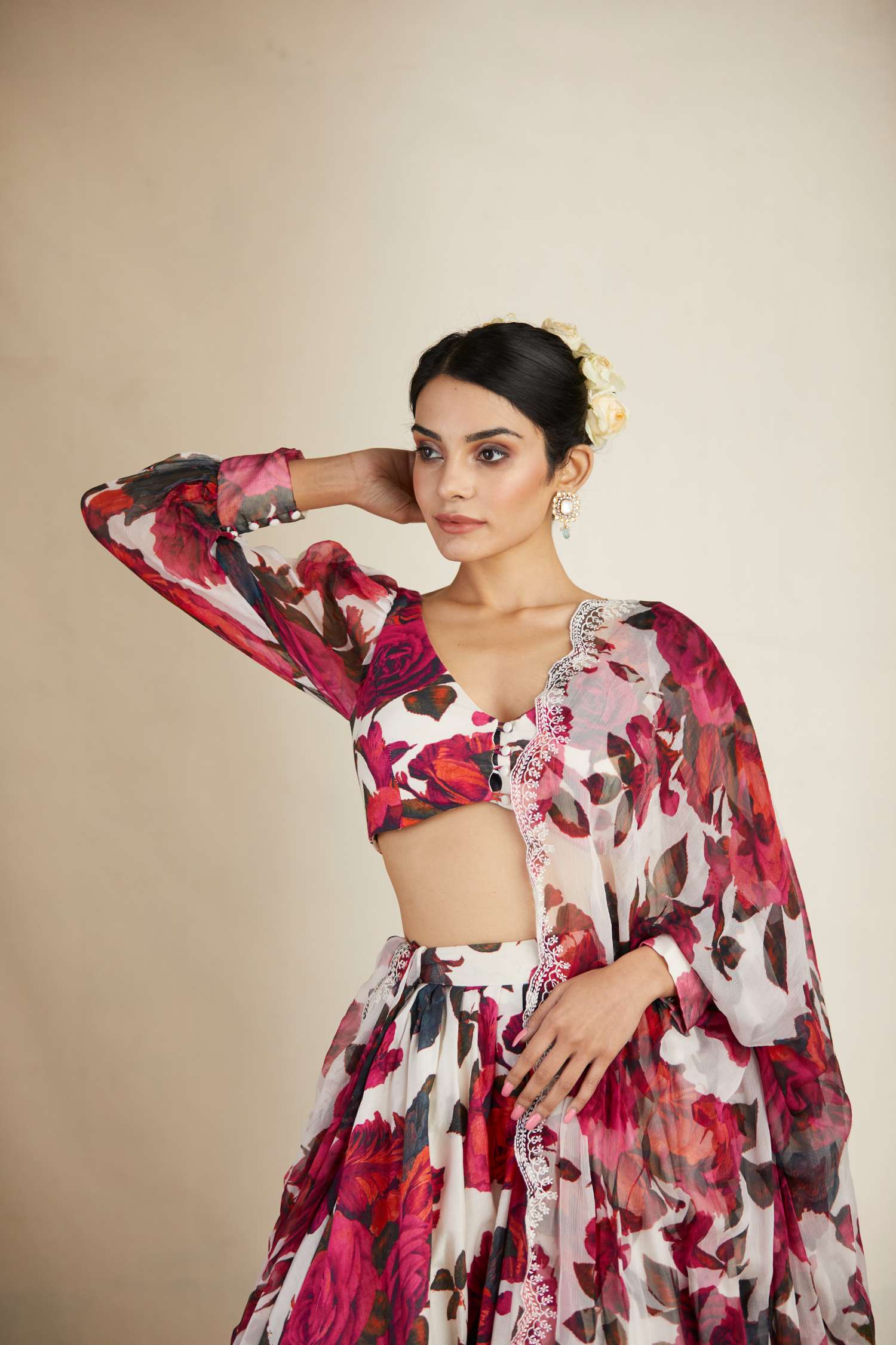 White Red Floral Lehenga Set