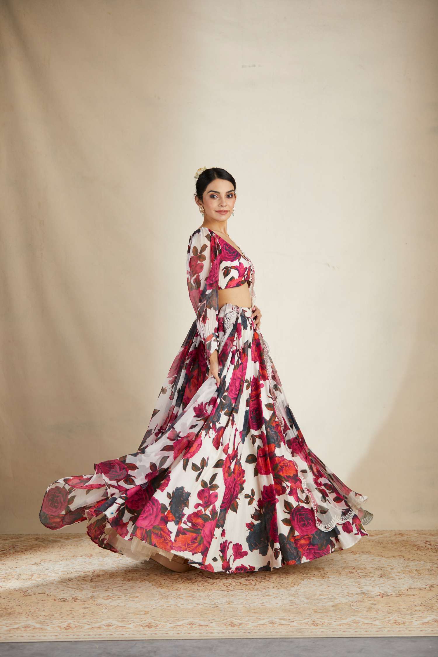 White Red Floral Lehenga Set
