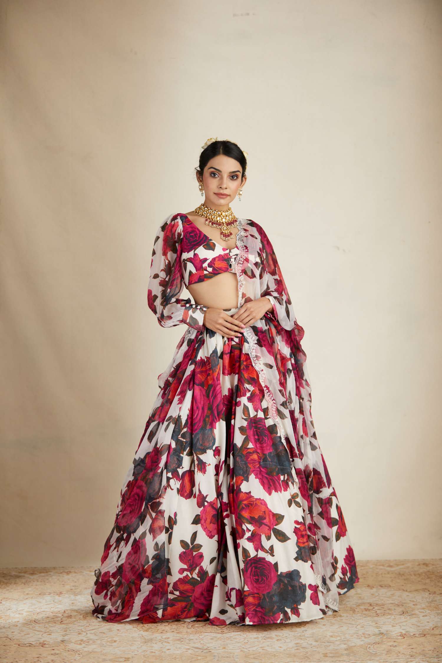 White Red Floral Lehenga Set