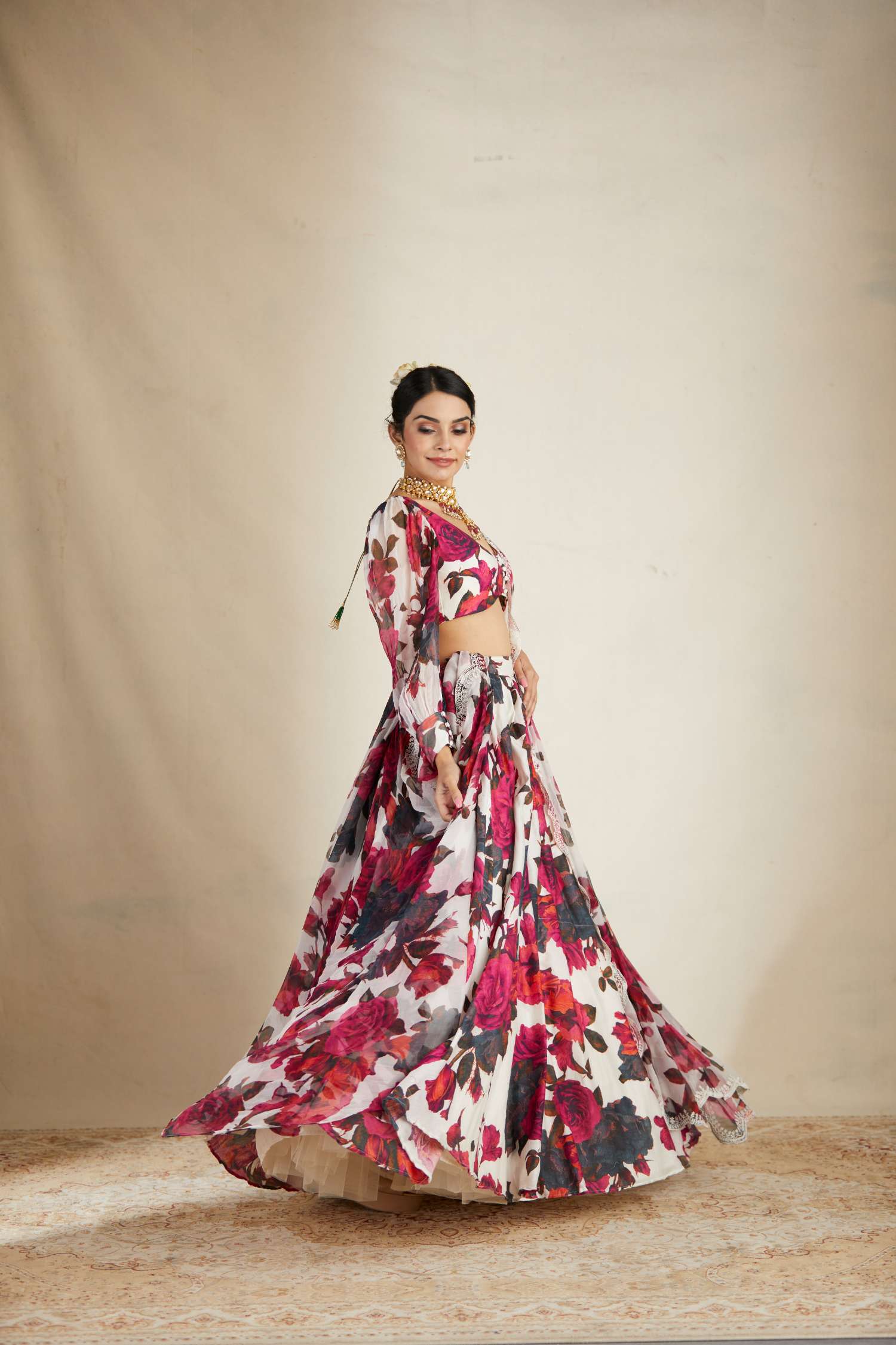 White Red Floral Lehenga Set