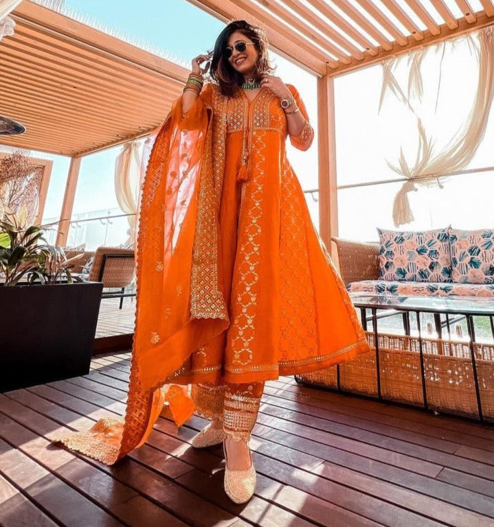 Kishwer Merchant in Marigold Brocade Fo With Palazzo