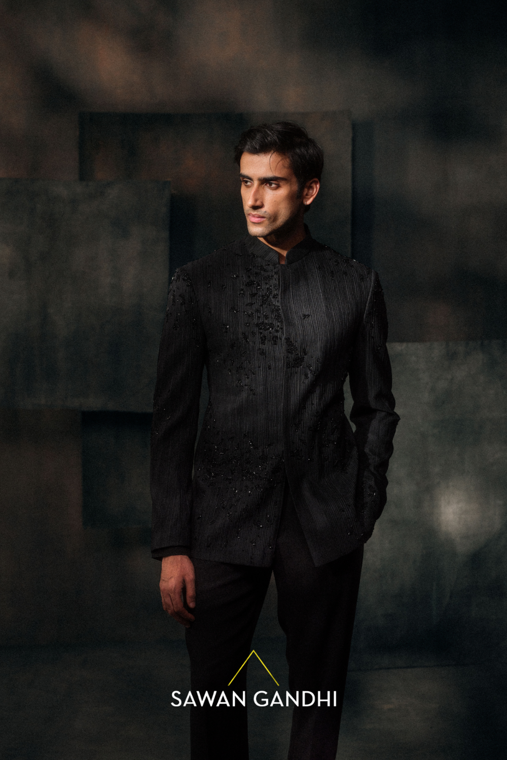 Black Ruched Bandhgala with Cutdana And Swarosvki Embroidery