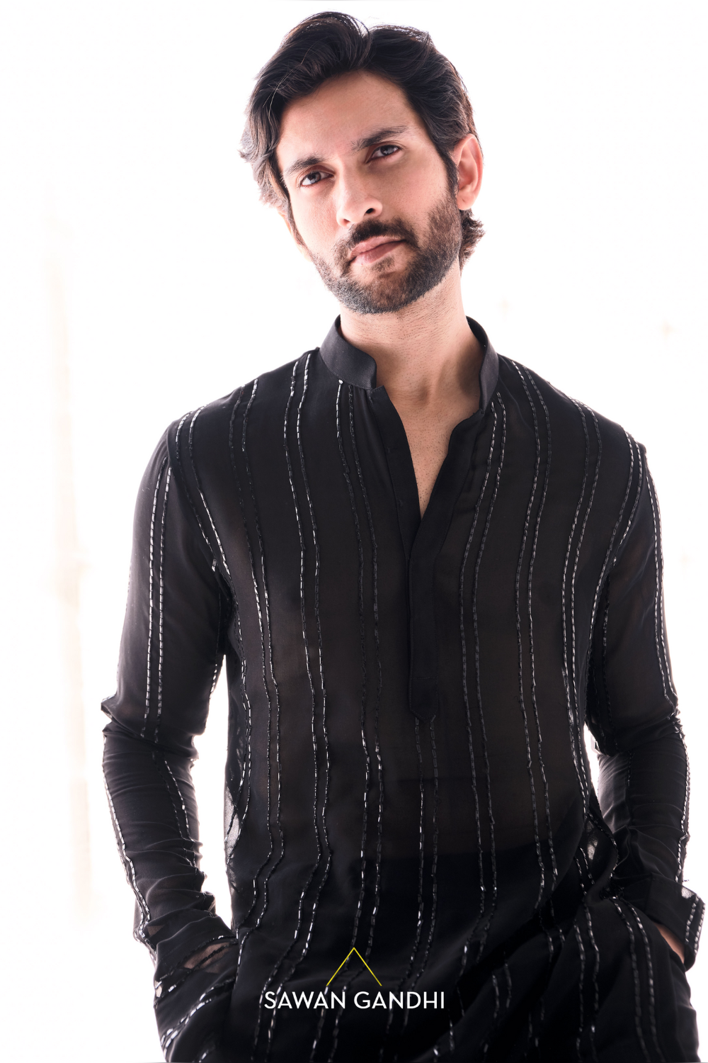 Black georgette parallel lines kurta