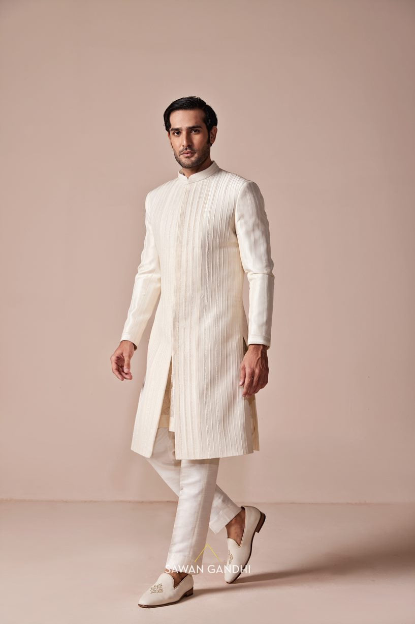Ivory pintex and cutdana sherwani