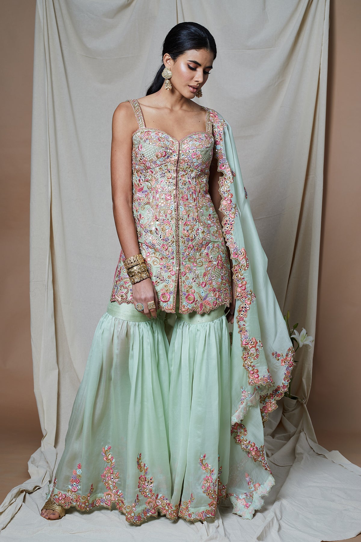GREEN ORGANZA GHARARA
