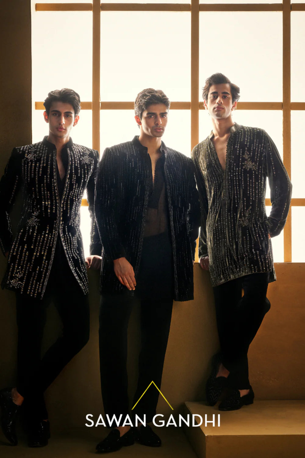 BLACK VELVET VERTICAL LINES BANDHGALA