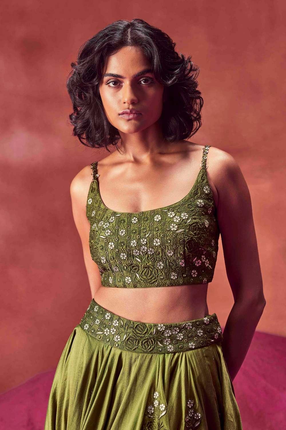 Olive Green Resham Work Lehenga Set