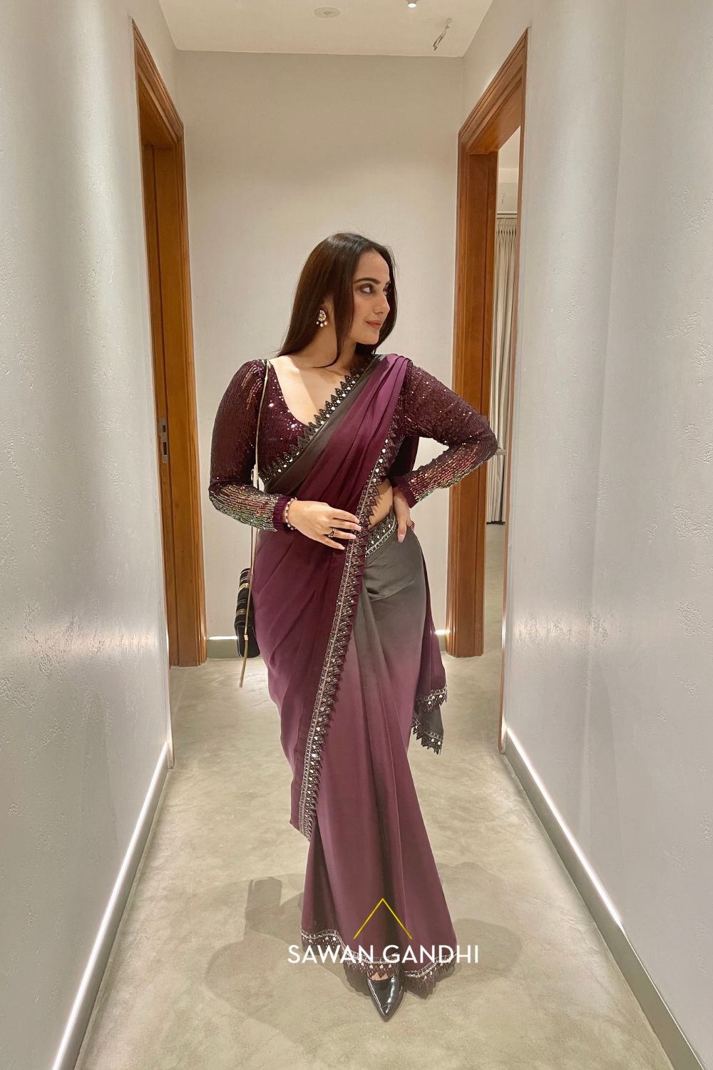 Kusha Kapila in Grey wine ombre saree