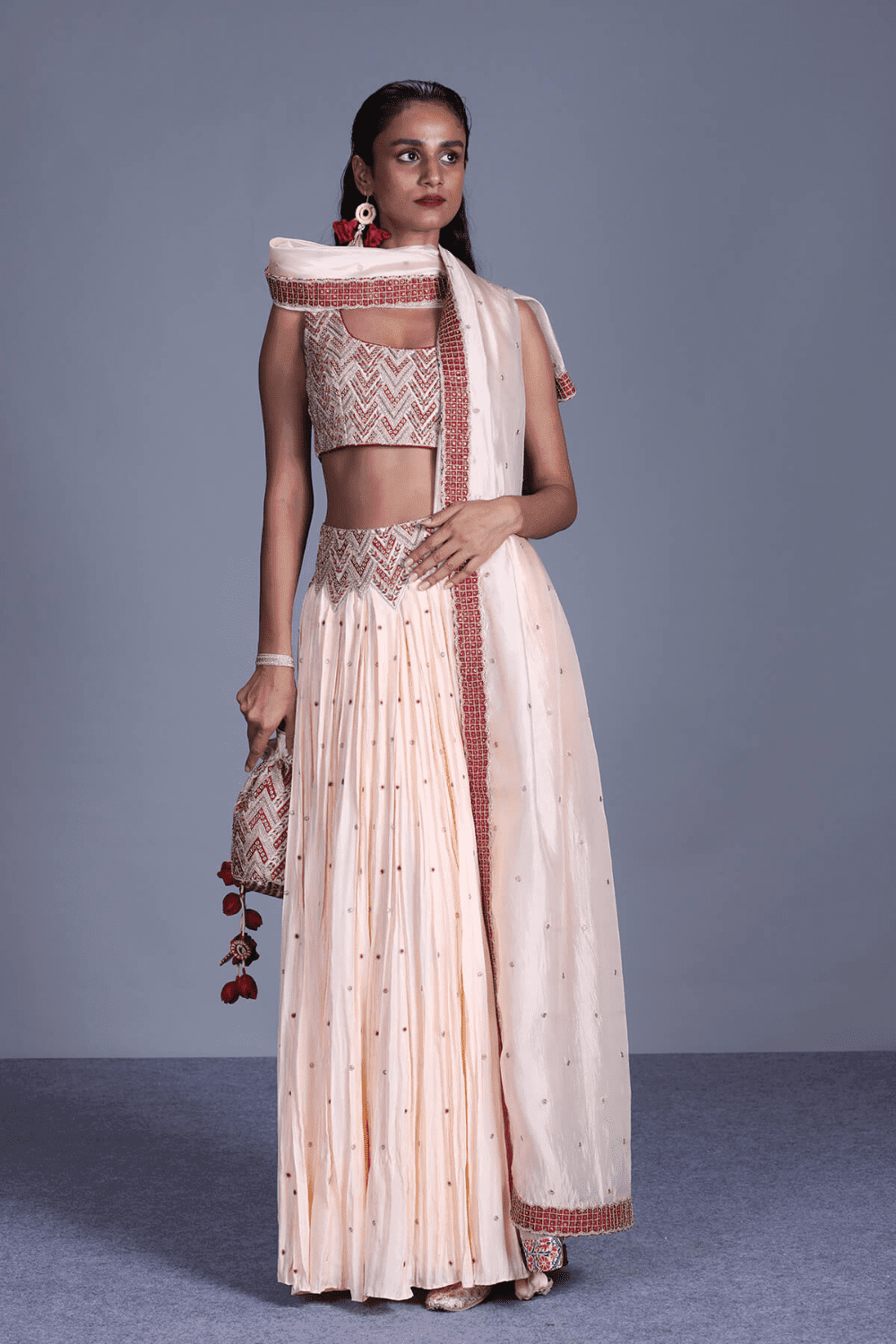 Peach Crushed Lehenga Hand Embellished Blouse