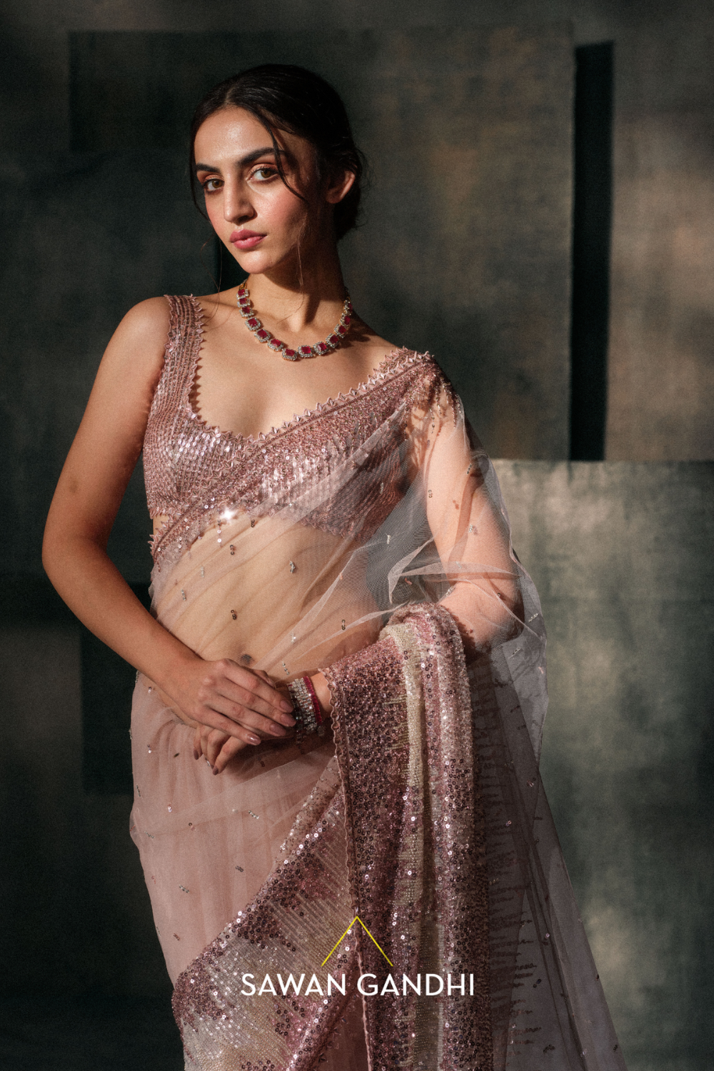 Blush Pink Sequin Saree