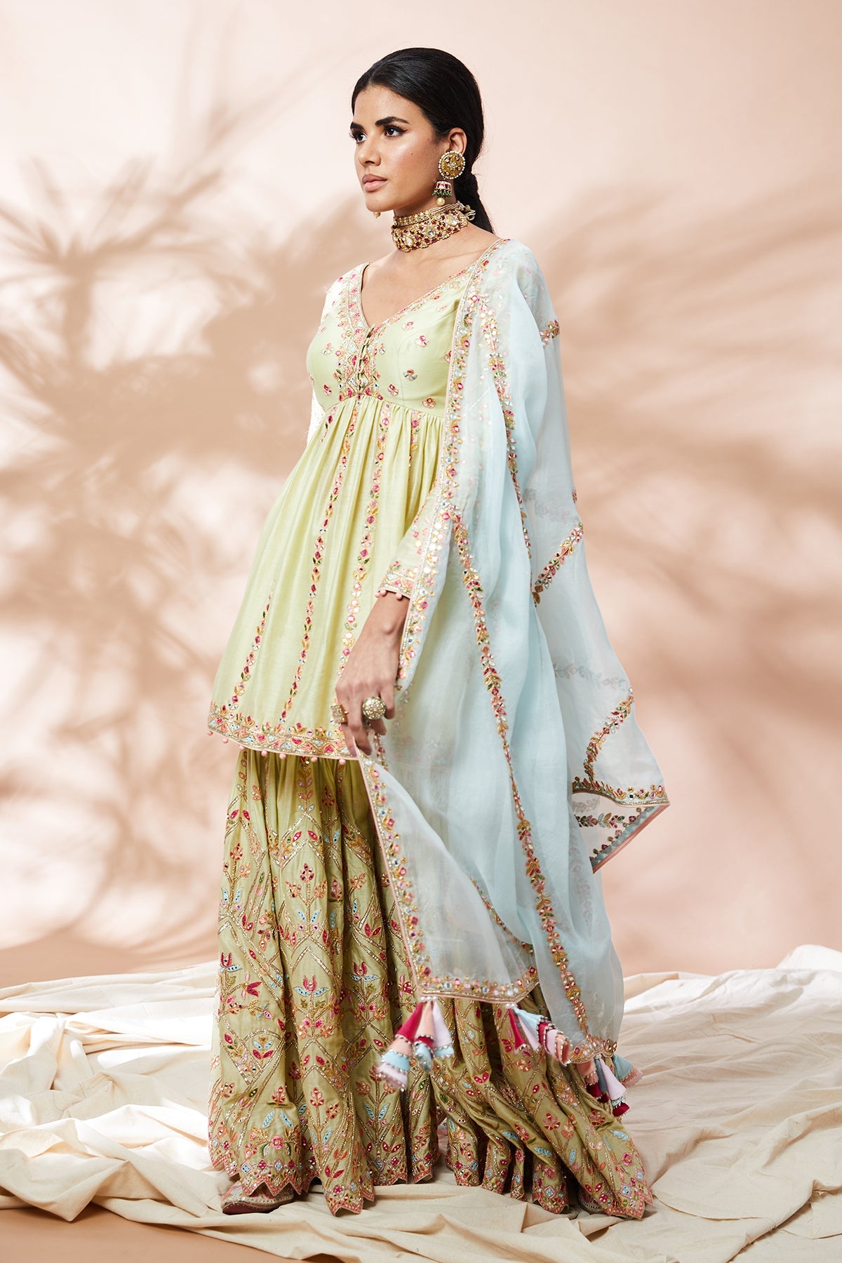 GREEN PEPLUM GHARARA SET