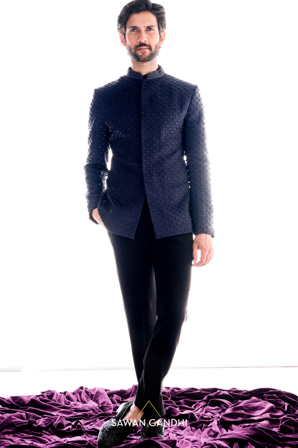 Navy Blue chevron bandhgala