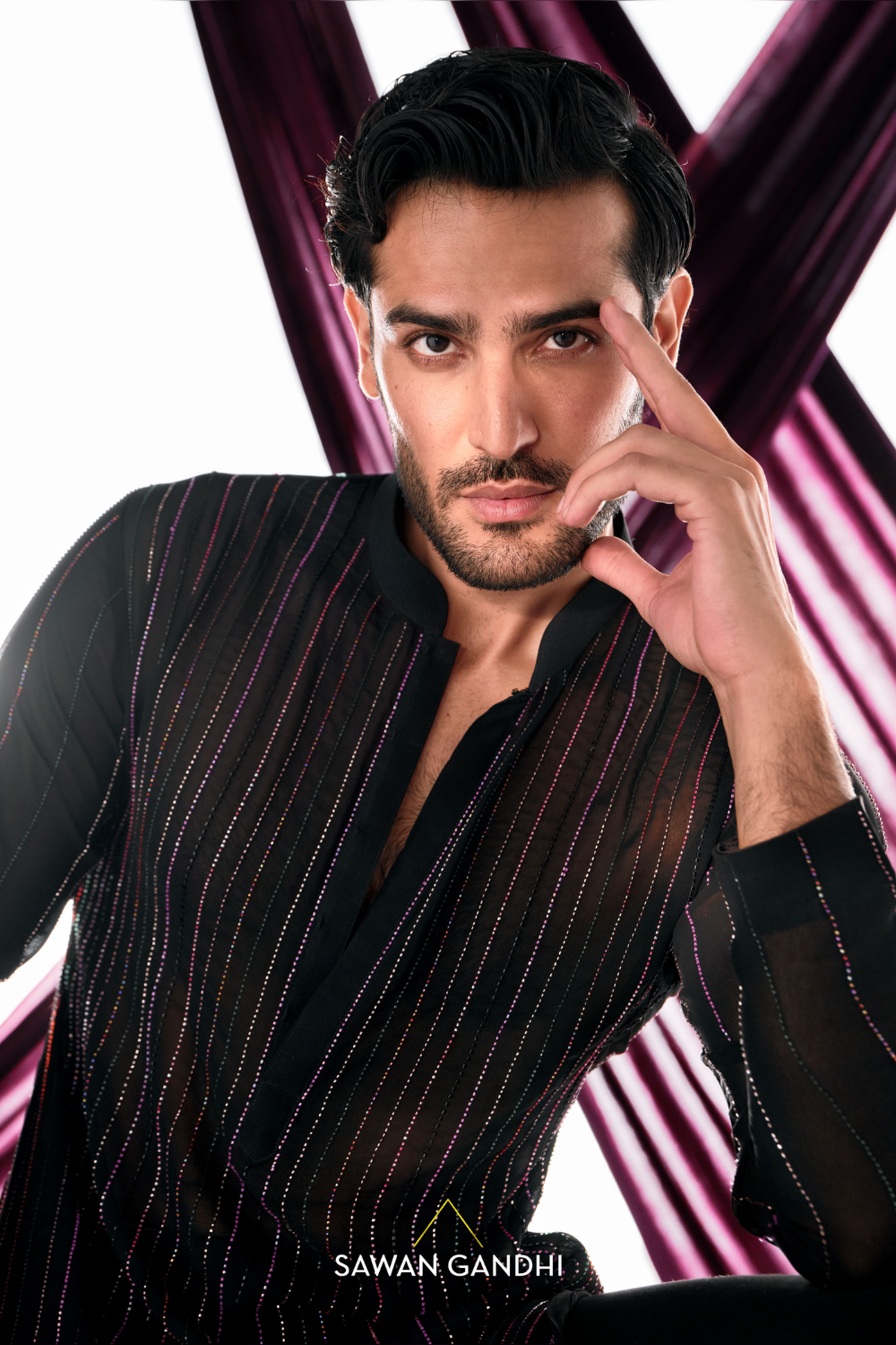 Black multicolour cutdana lines kurta