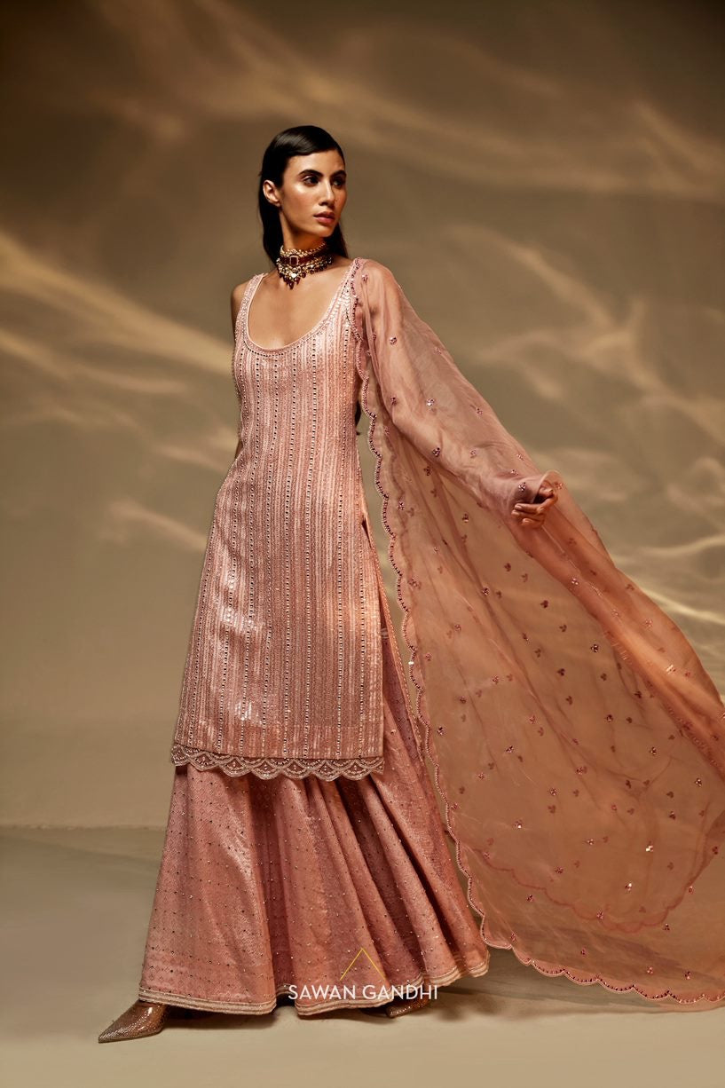 Rose gold mirror work sharara suit set