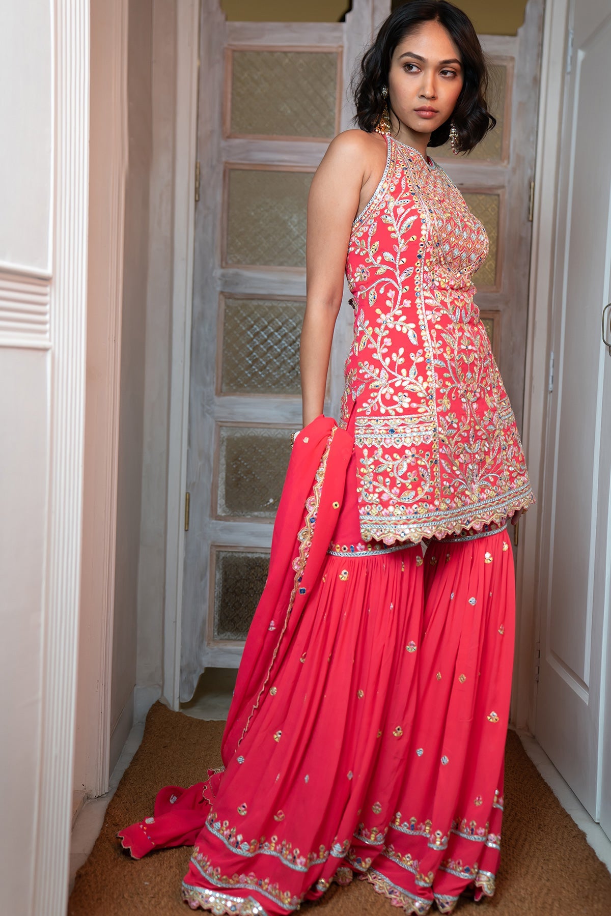 Hot Pink Georgette Halter Style Gharara Set