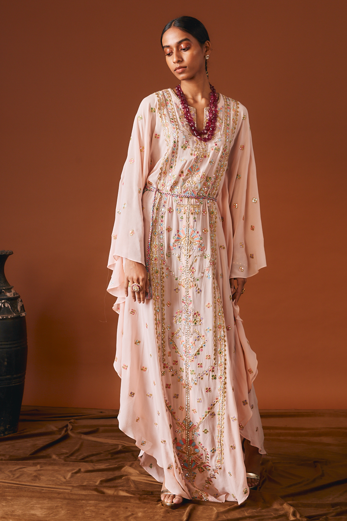Peach Georgette Kaftan With Belt