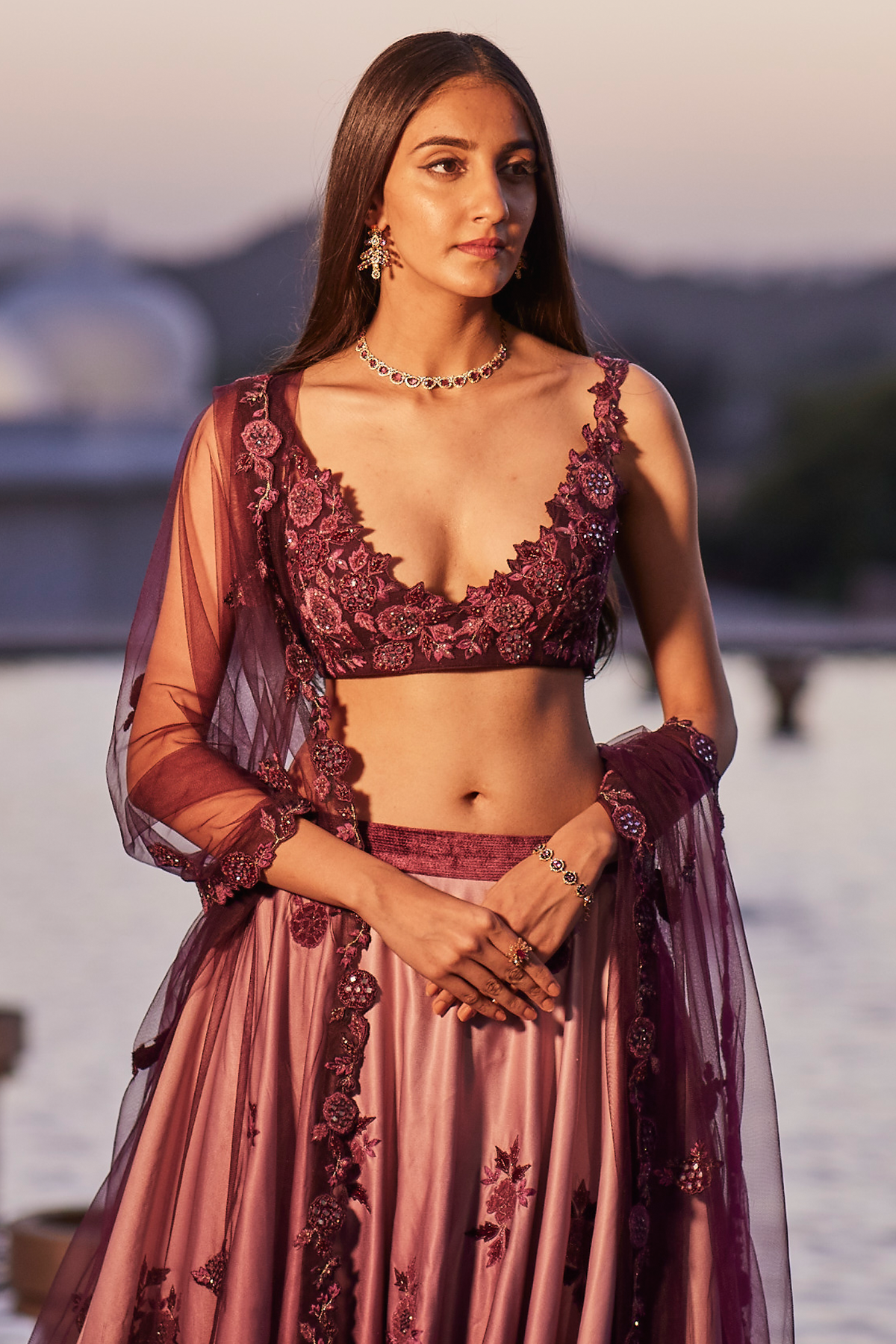Ombre Applique Wine Lehanga