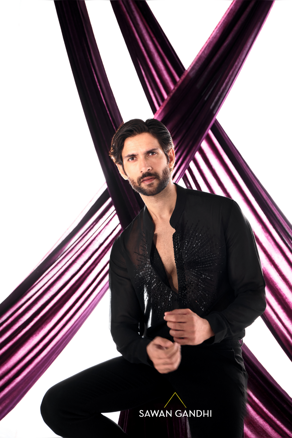 Black georgette cutdana work shirt