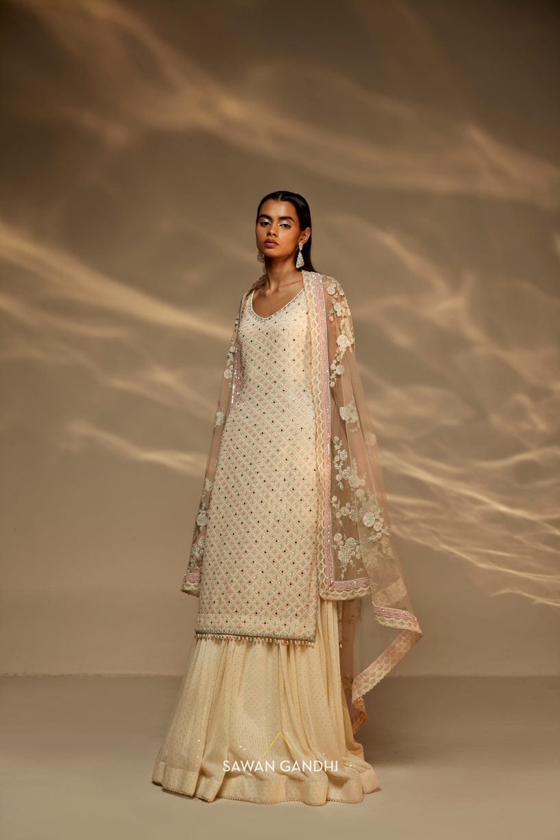 Ivory multicolour chikankari sharara suit set