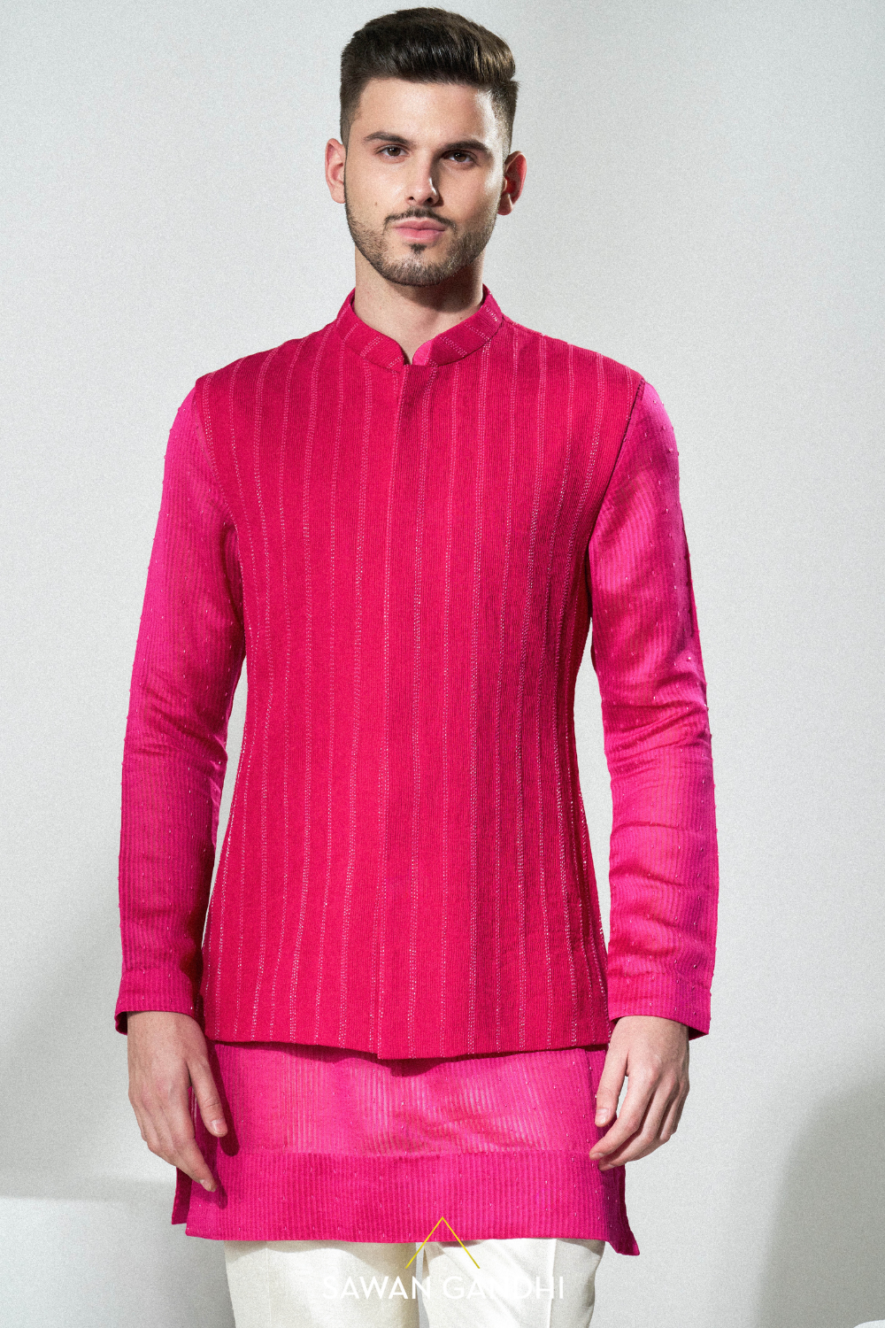 Hot pink cutdana lines Nehru kurta