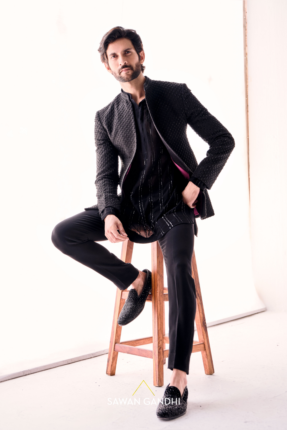 Black selfwork cutdana kurta