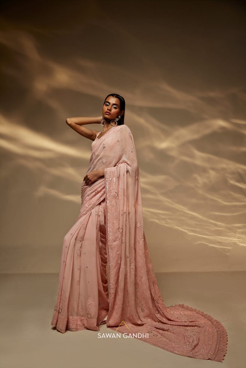 Peach ombre chikankari saree set