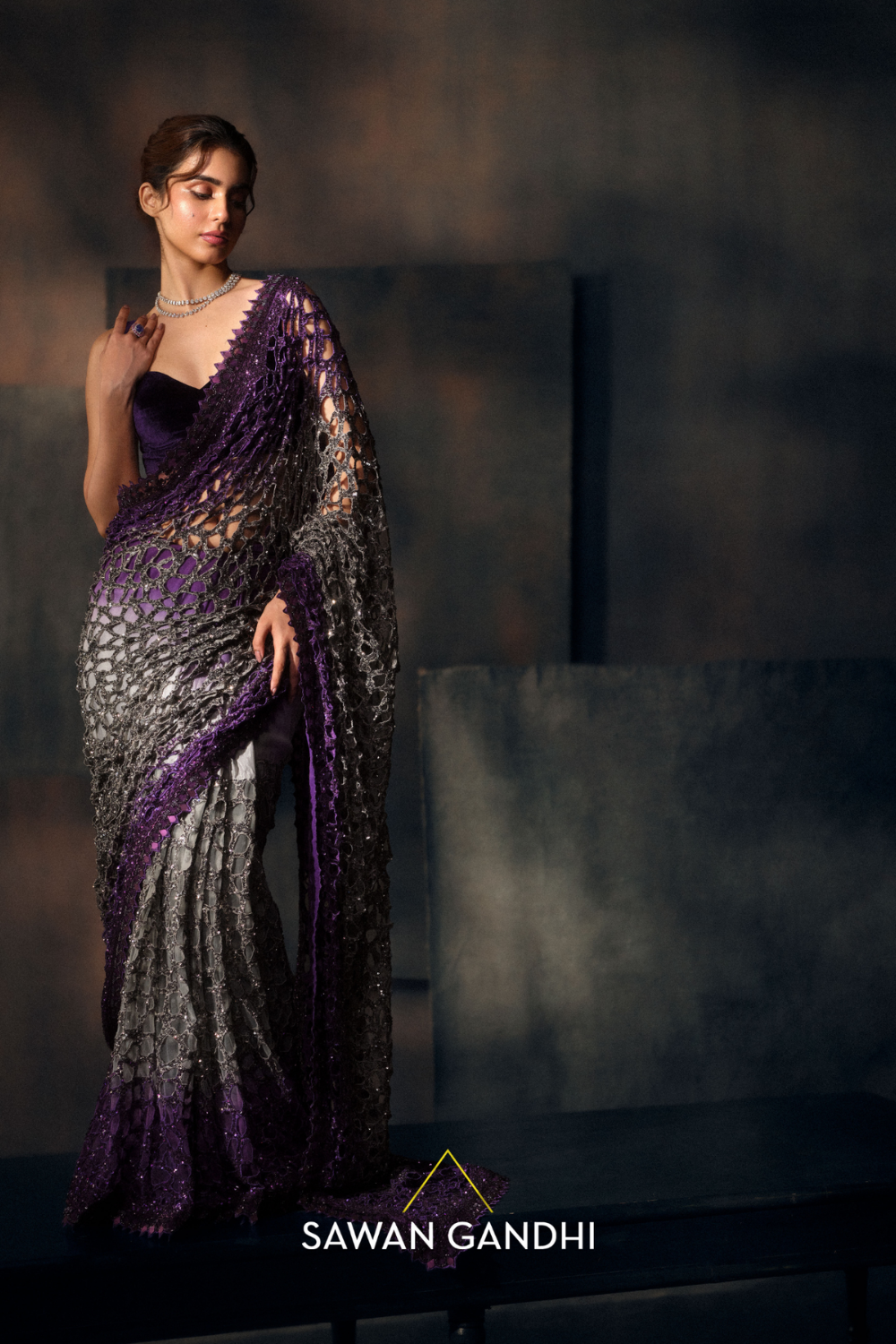 Purple to grey cutwork saree