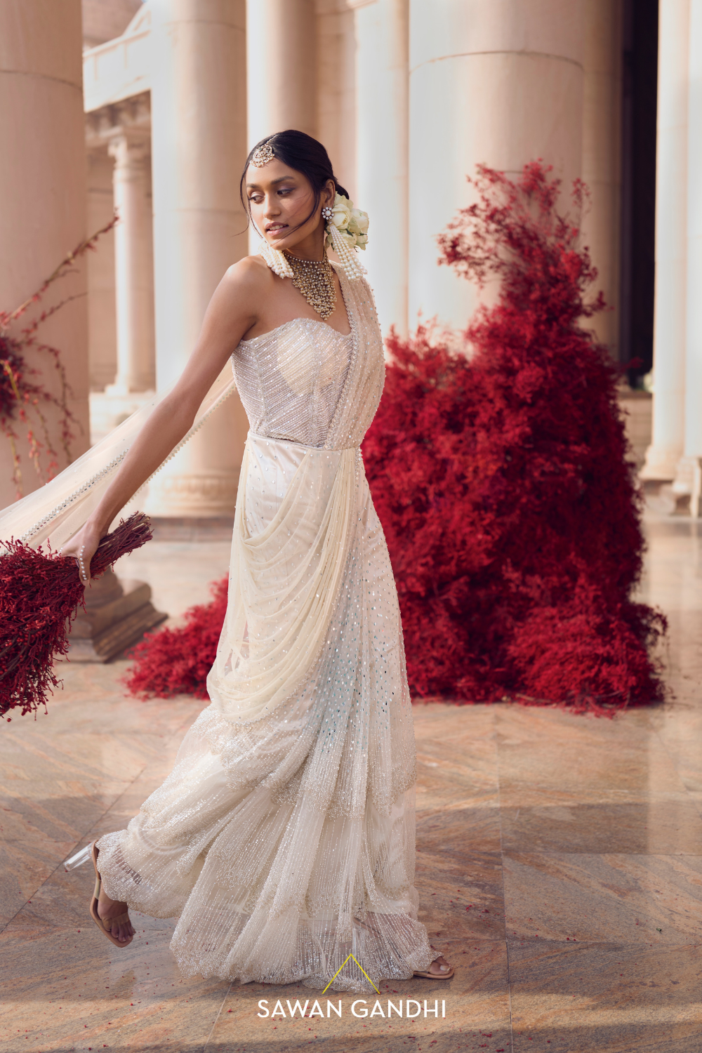 IVORY DRAPED SAREE WITH EMBELLISHED CORSET