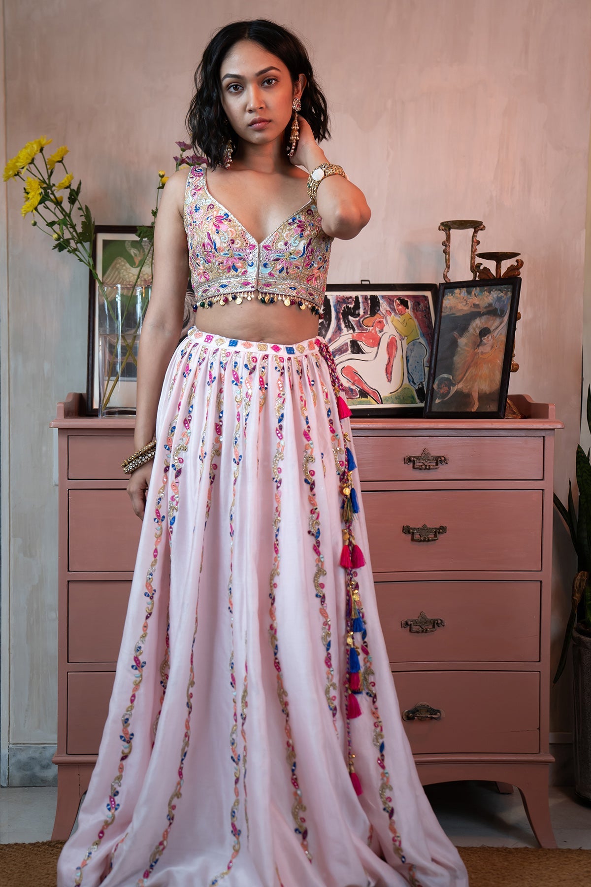 Light Pink Chanderi Skirt and Embroidered Blouse