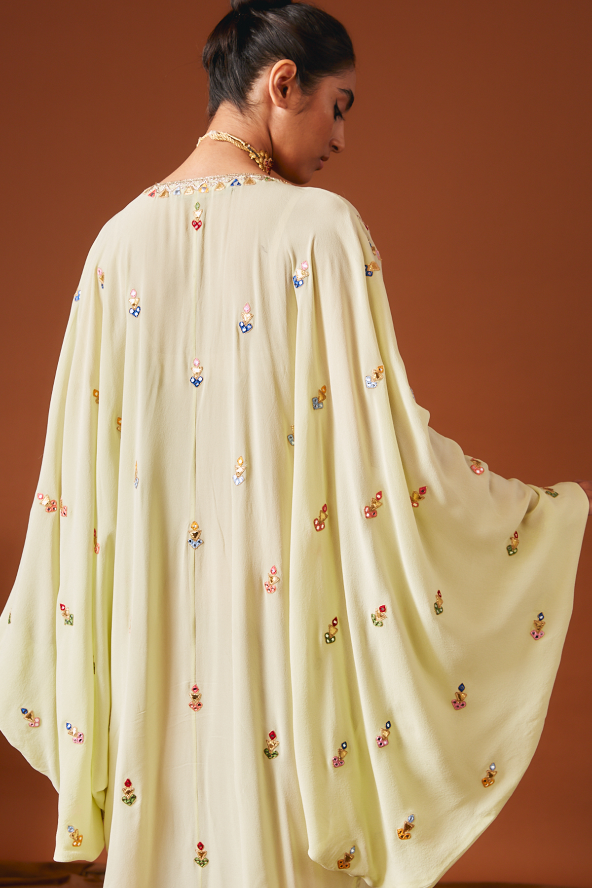 Green Georgette Cowl Kaftan With Multi Coloured Embroidery