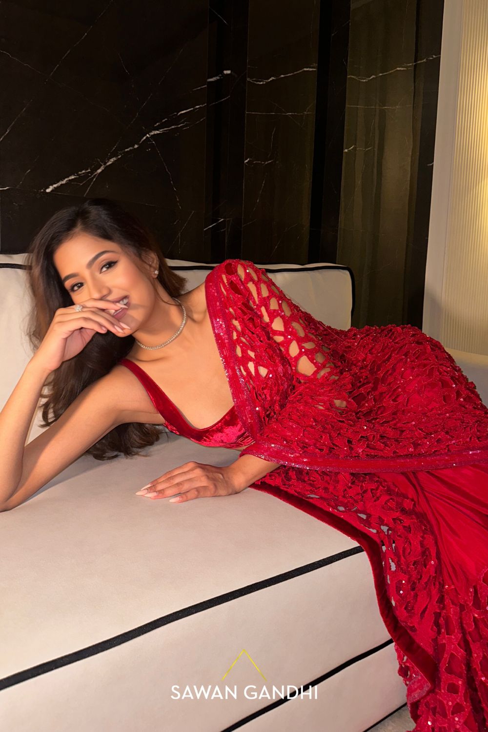 Sonal Kukreja in Red cut work saree