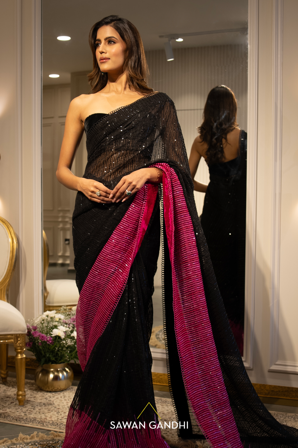 Black to hot pink sequins handloom organza saree
