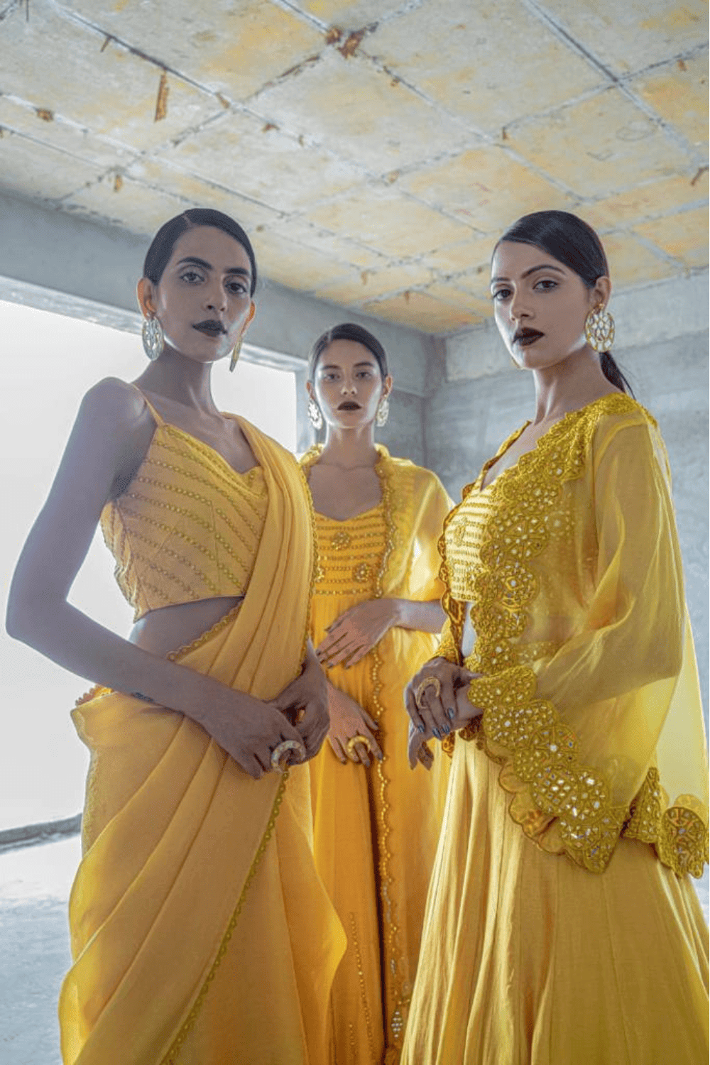 Mustard Heavy Mirror Work Skirt With Cape Set