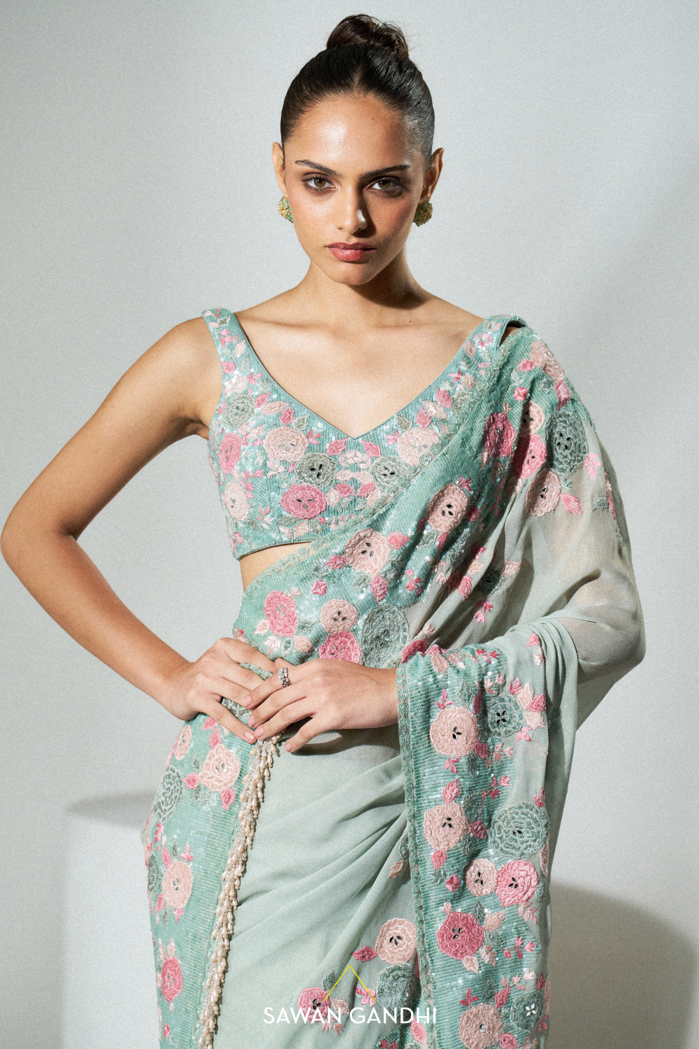 Sage green applique work saree