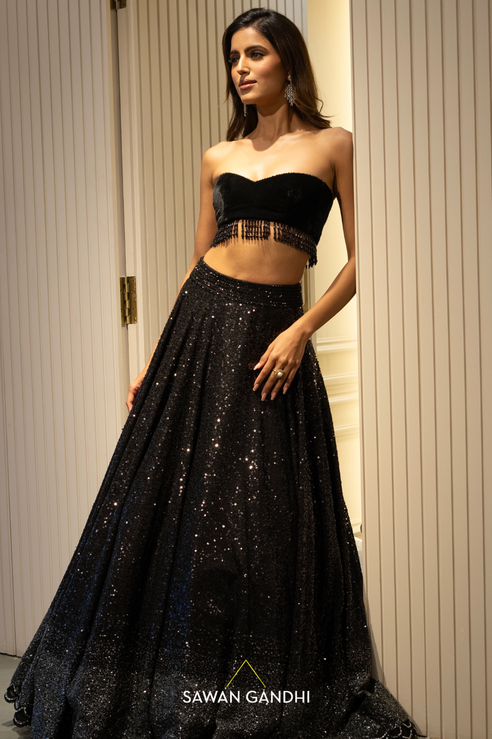 Grey to black ombre sequins lehenga