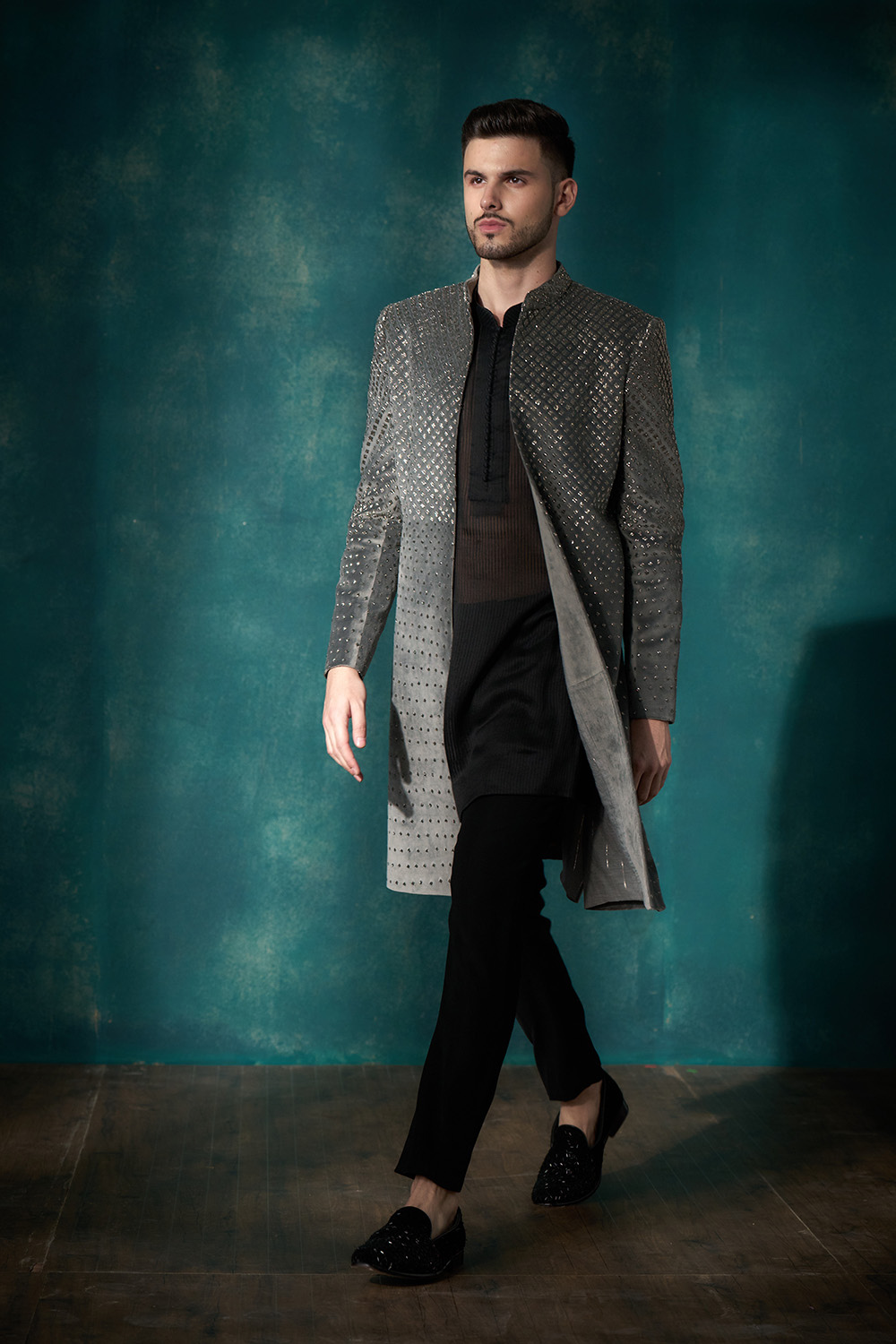 Grey velvet cutdana open style sherwani