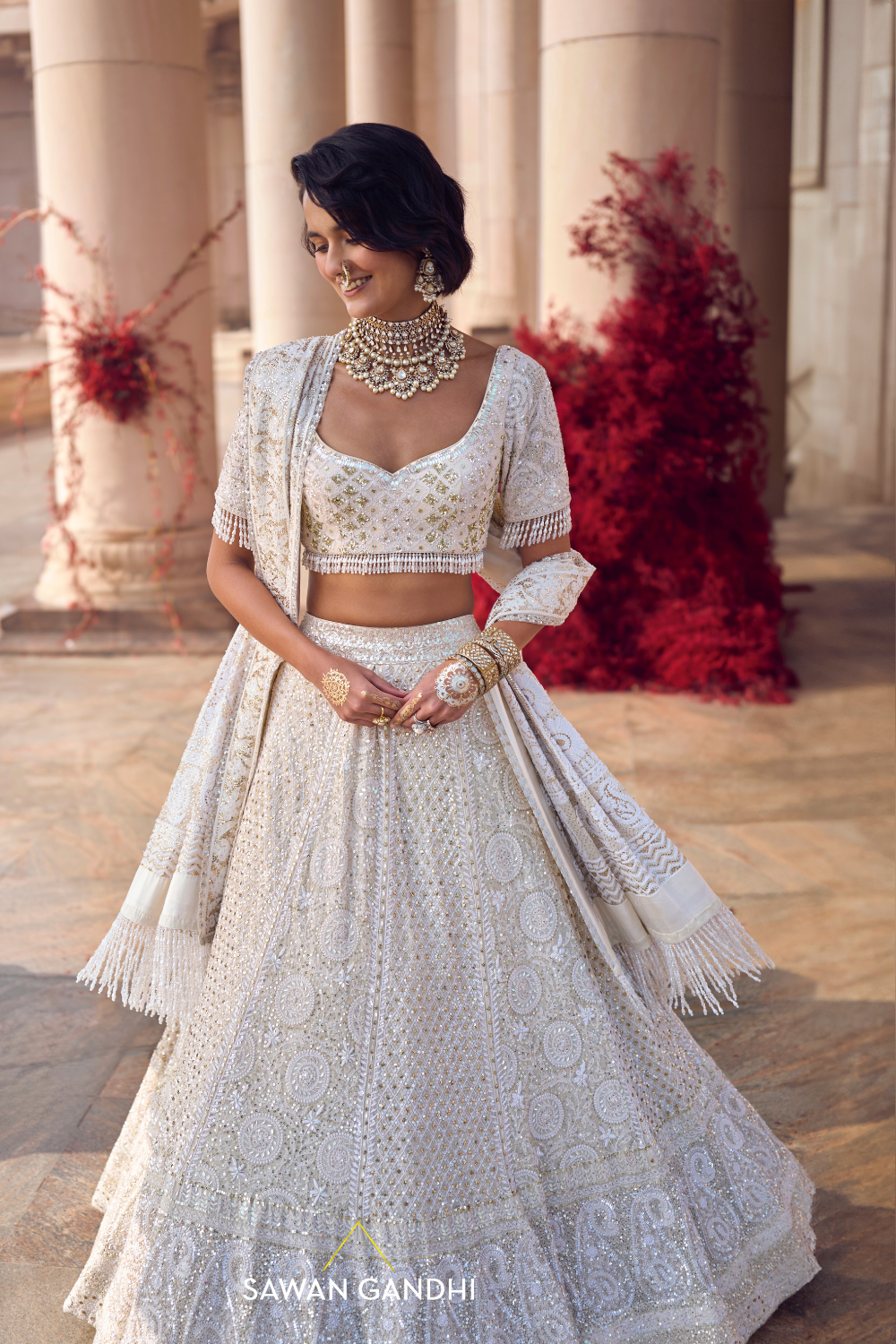 PEARL WHITE CHIKANKARI LEHENGA