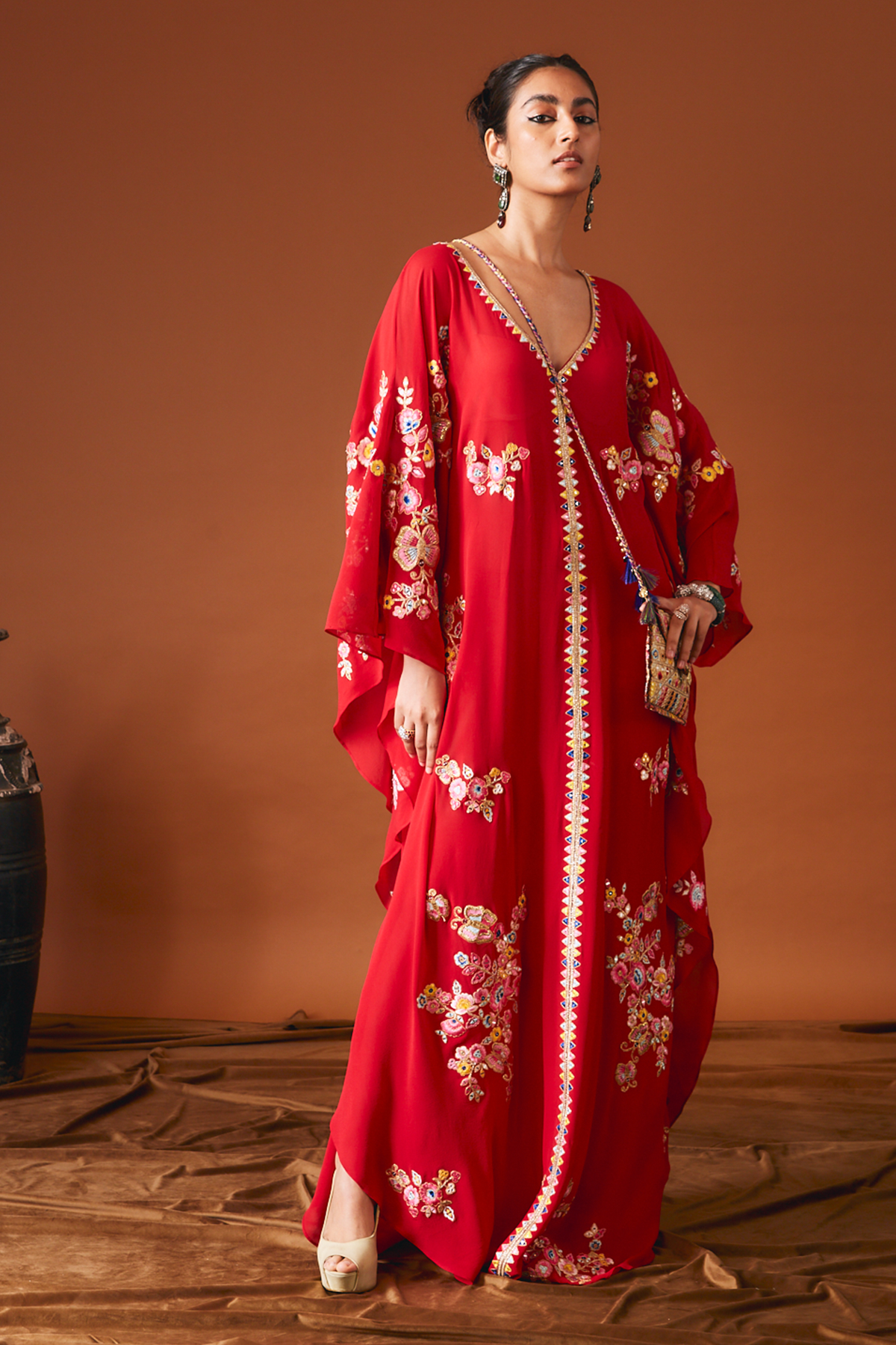 Red Georgette Floral Embroidered Kaftan
