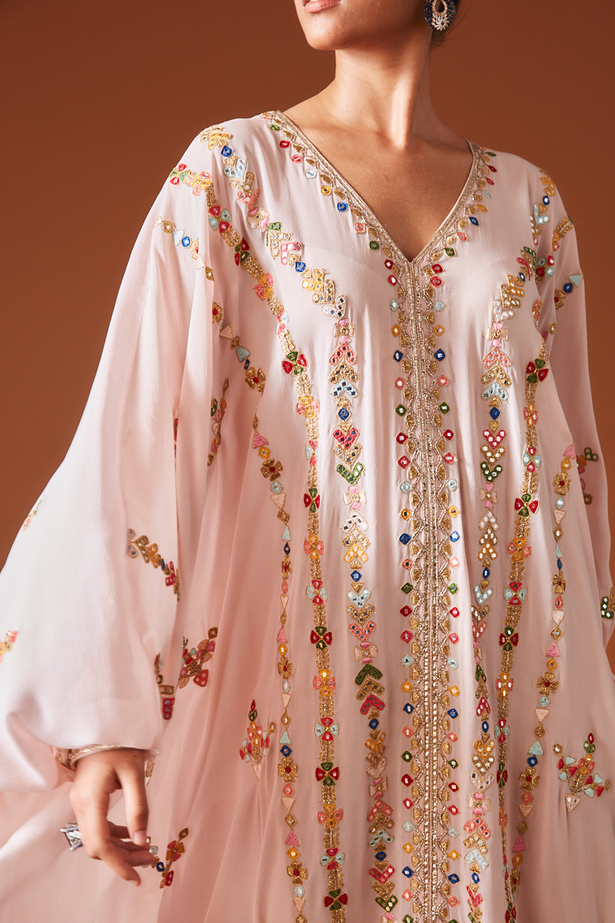 Peach Flowy Embroidered Kaftan