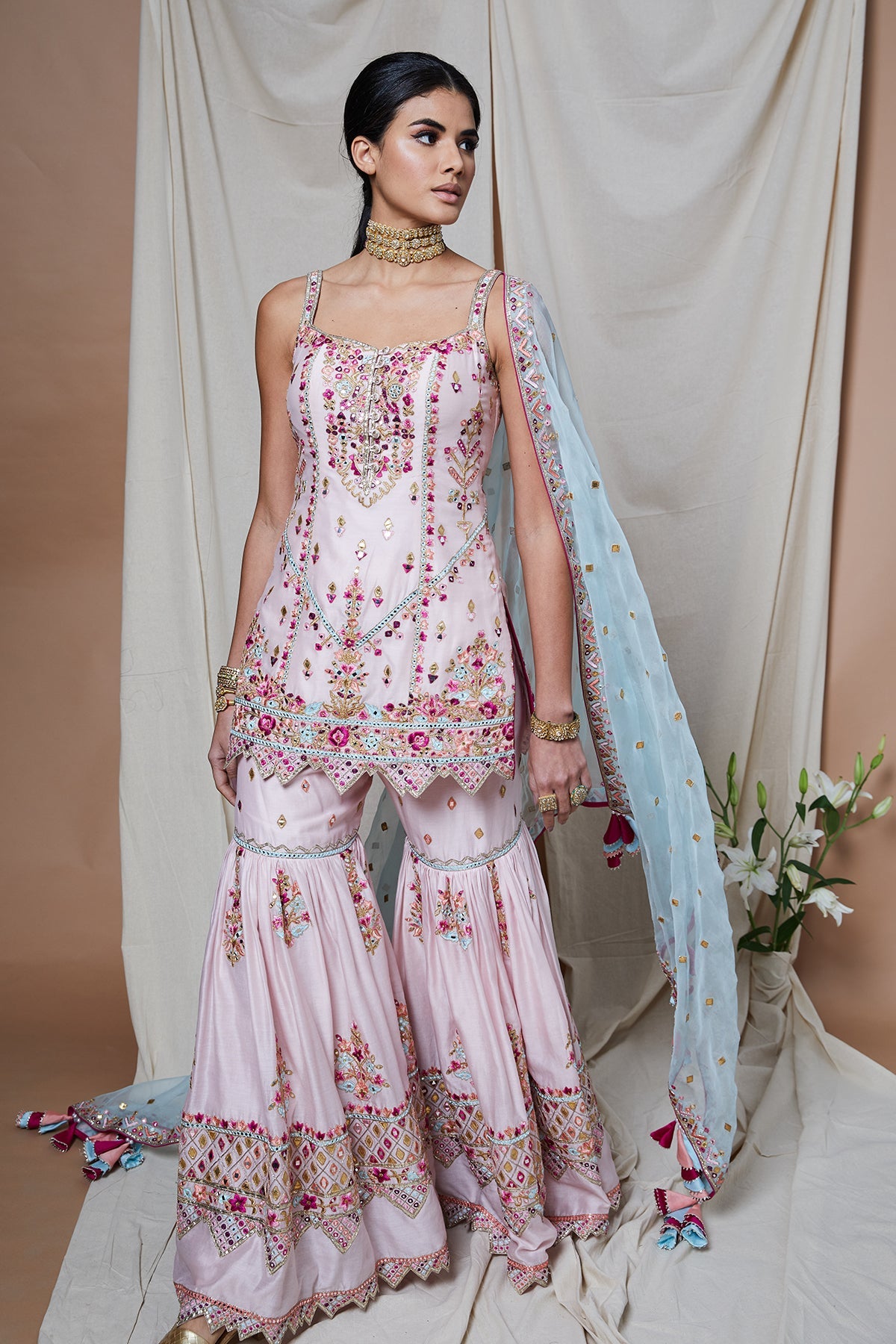 PINK STRAPPY CHANDERI GHARARA